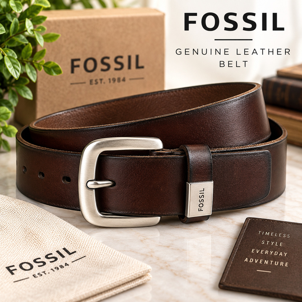 Fossil Genuine Leather Belt Brown Medium Silver-Tone Buckle BT2191200 37"